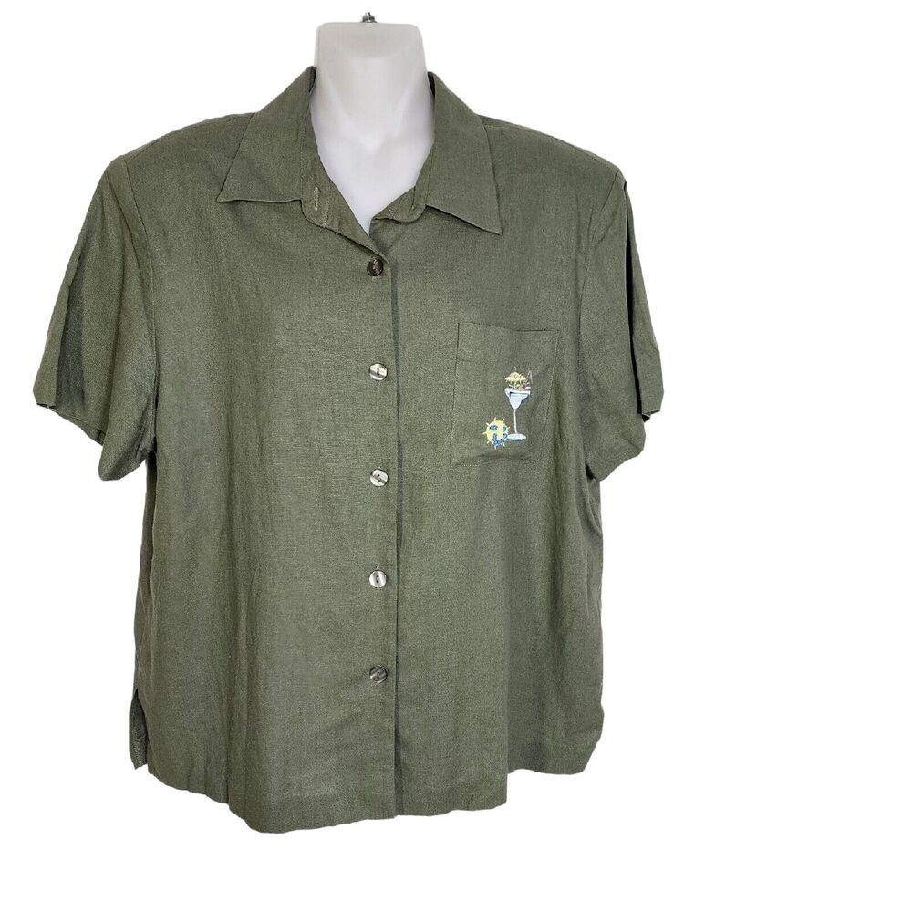 AKC Womens Top Large Green Linen Blend Embroidered Cocktails Tiki Button Pocket